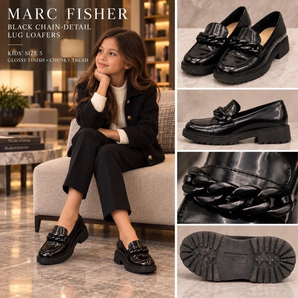 Marc Fisher Kids Black Chain Detail Lug Loafers Glossy Finish MCF183FF Size 5